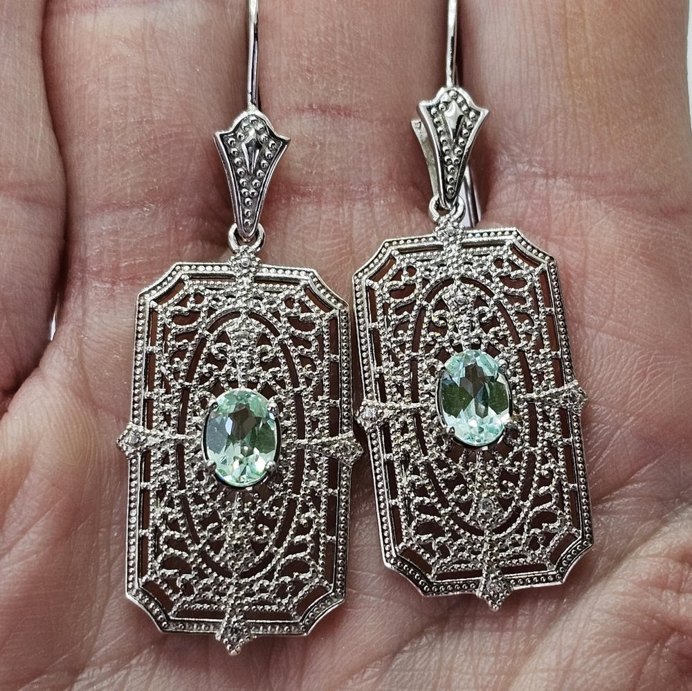 Art Deco Style Green Spinel & White Zircon Earrings Sterling Silver - Picture 5 of 6